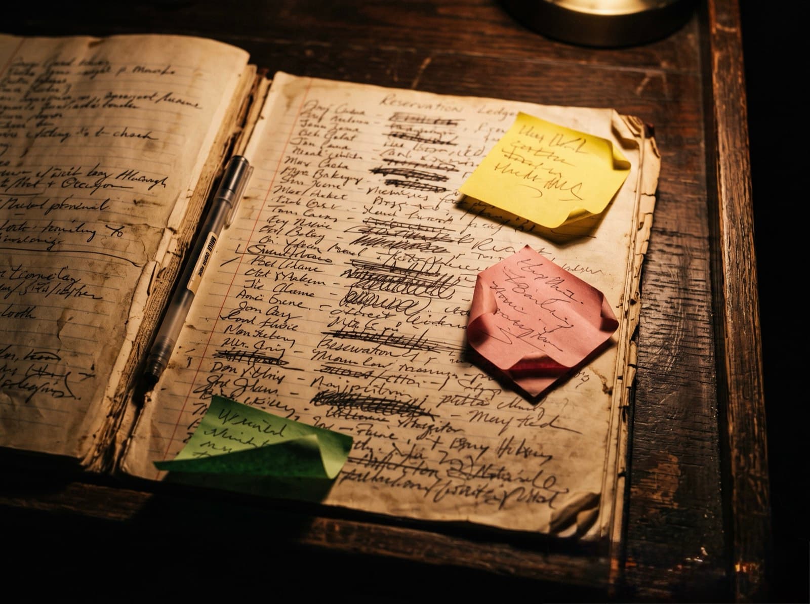 Un libro de reservas de papel, escrito a mano, con tachones y papelitos pegados encima.